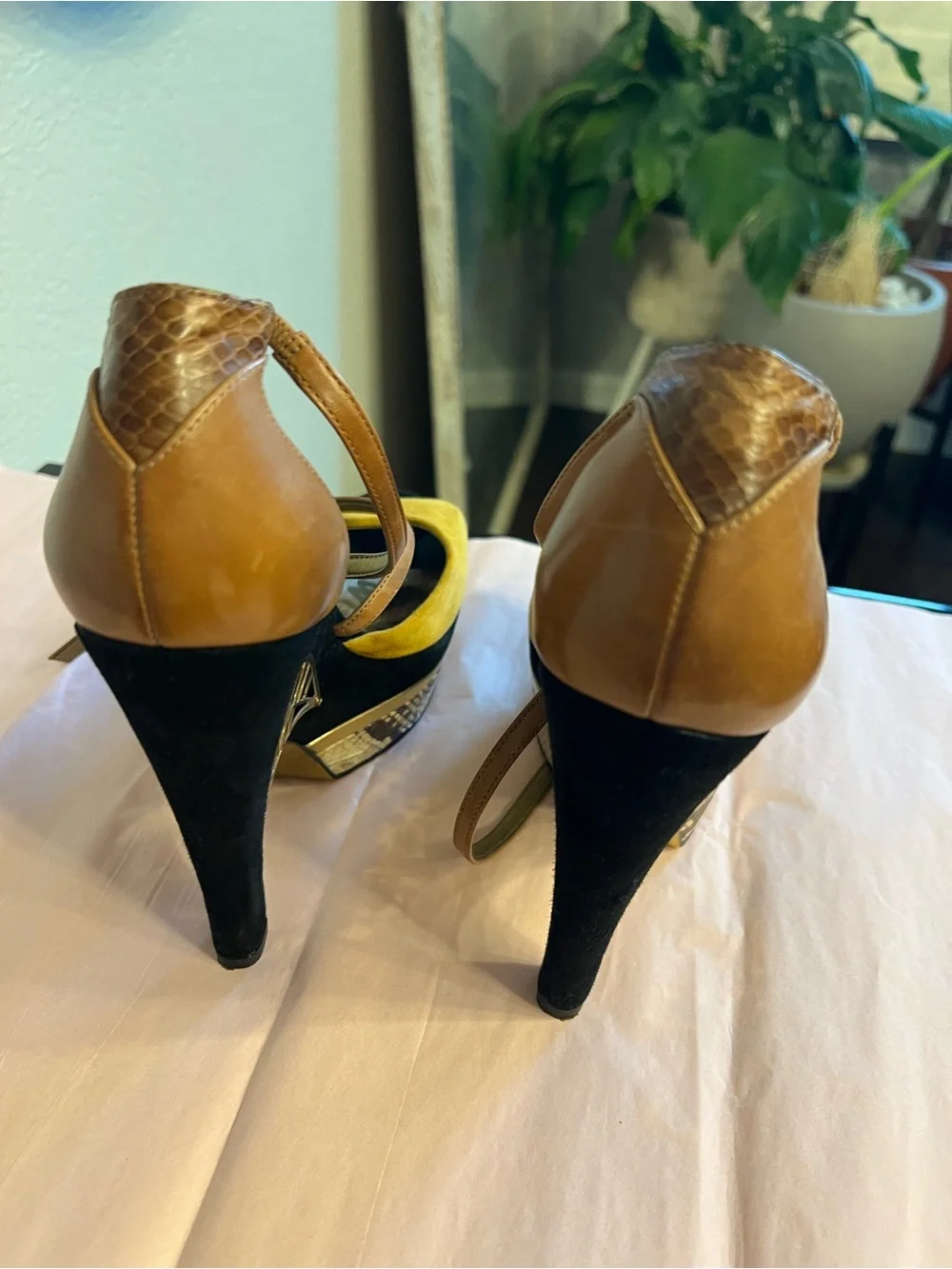 Sam Edelman Yellow Suede, Black Suede & Brown Leather Platform Heels - Picture 4 of 7
